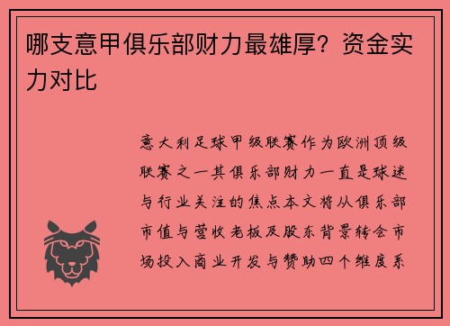 哪支意甲俱乐部财力最雄厚？资金实力对比