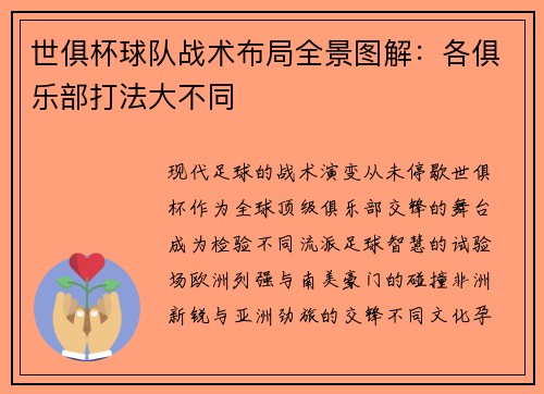 世俱杯球队战术布局全景图解：各俱乐部打法大不同